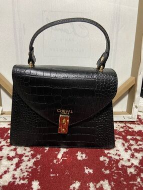 Chevalier Firenze Italian Leather Black Croc-Embossed Top Handle Bag